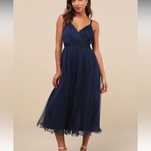 NWT Lulus Exemplary Aura Navy Tulle Surplice Midi Dress